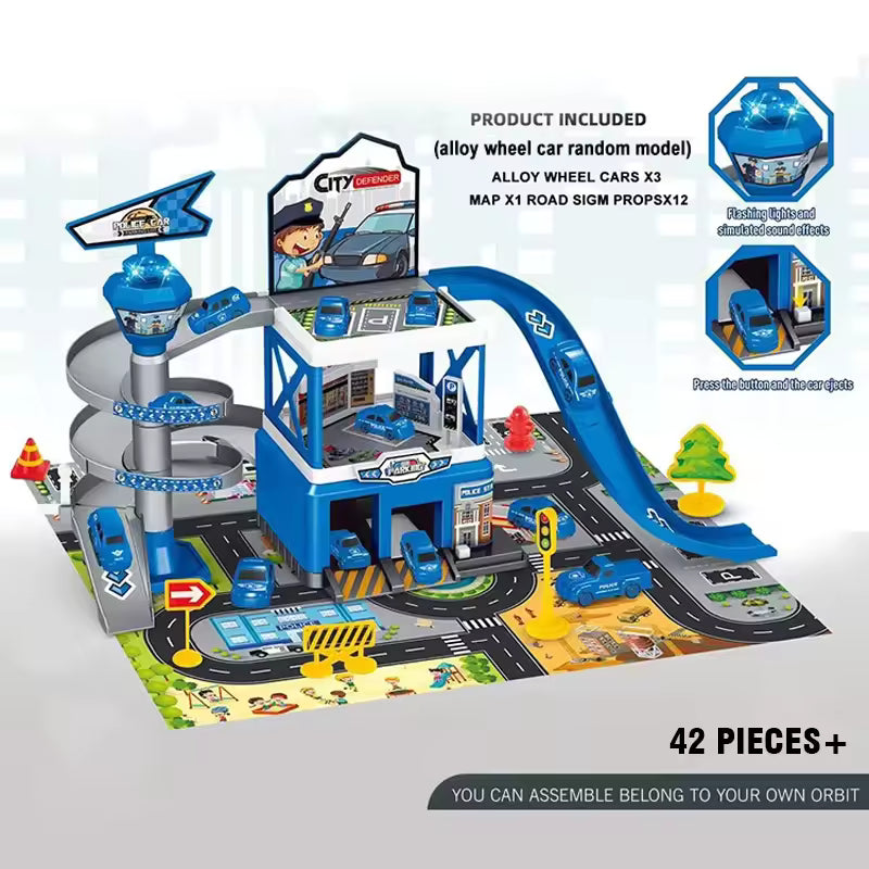 Multi-Level Fire Station Garage Playset with Fire Trucks and Road Signs for Kids