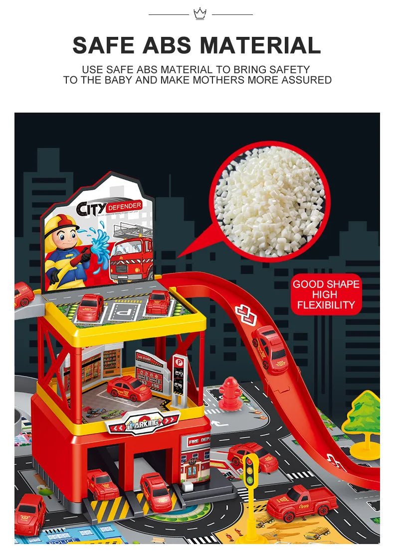 Multi-Level Fire Station Garage Playset with Fire Trucks and Road Signs for Kids