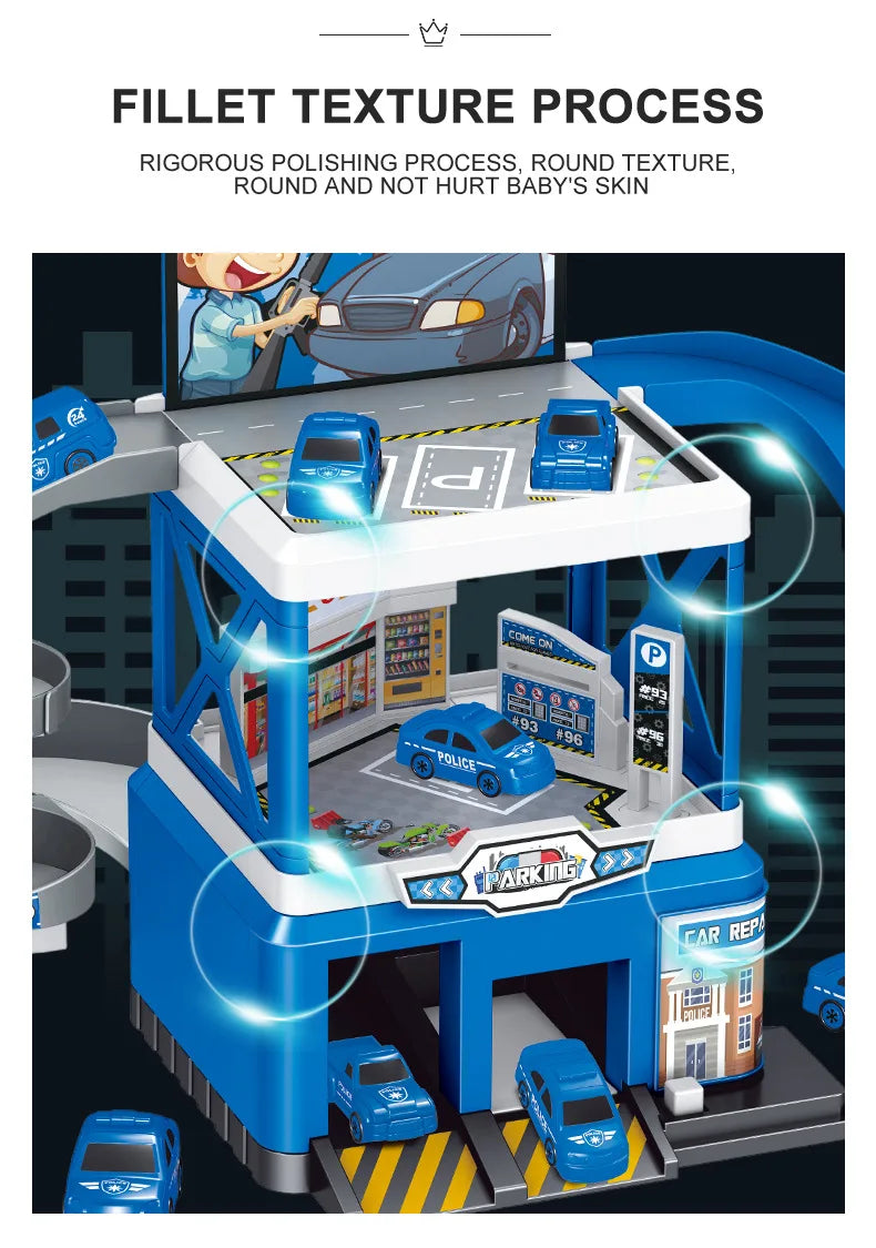 Multi-Level Fire Station Garage Playset with Fire Trucks and Road Signs for Kids