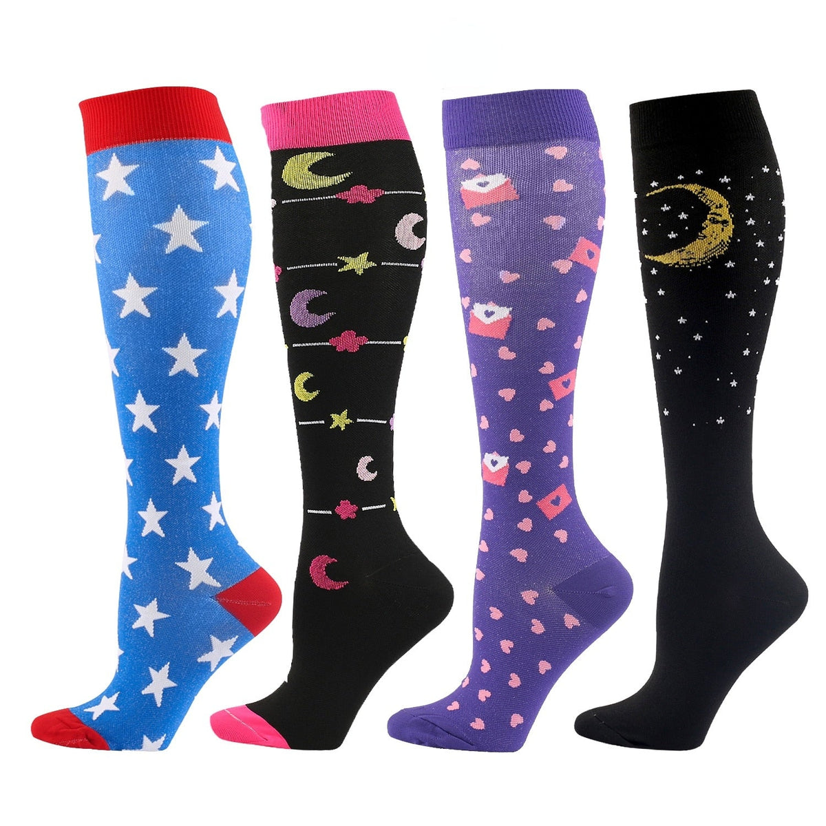 Multicolor Knee-High Graduated Compression Socks (4 Pairs)
