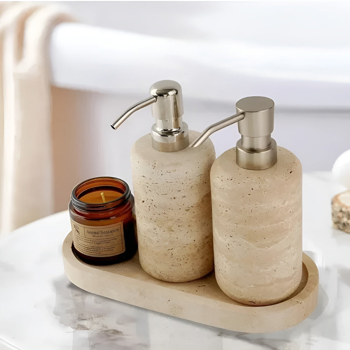 Natural Stone Toothbrush Holder with Soap Dispenser and Tray - Travertine Bathroom Accessory