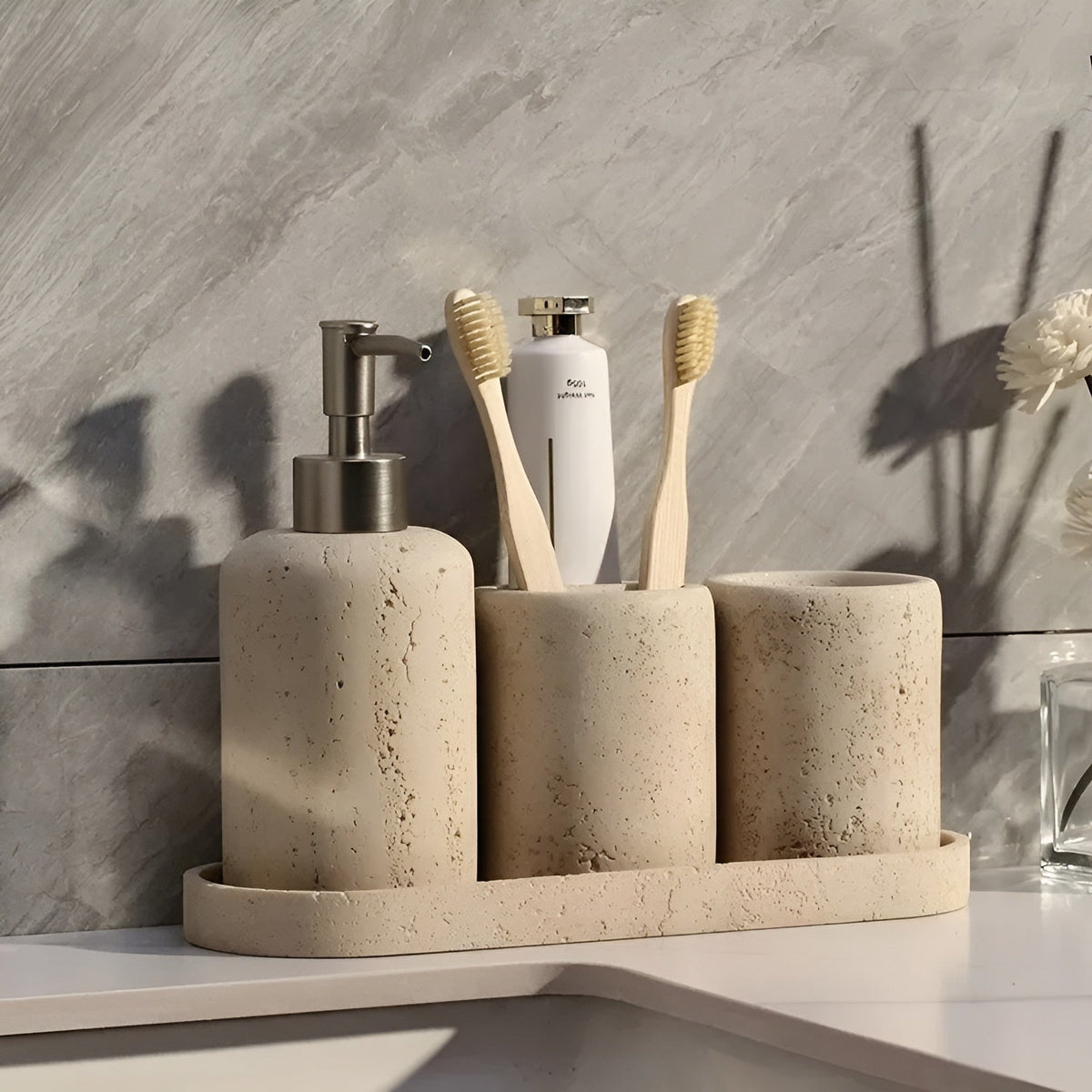 Natural Stone Toothbrush Holder with Soap Dispenser and Tray - Travertine Bathroom Accessory