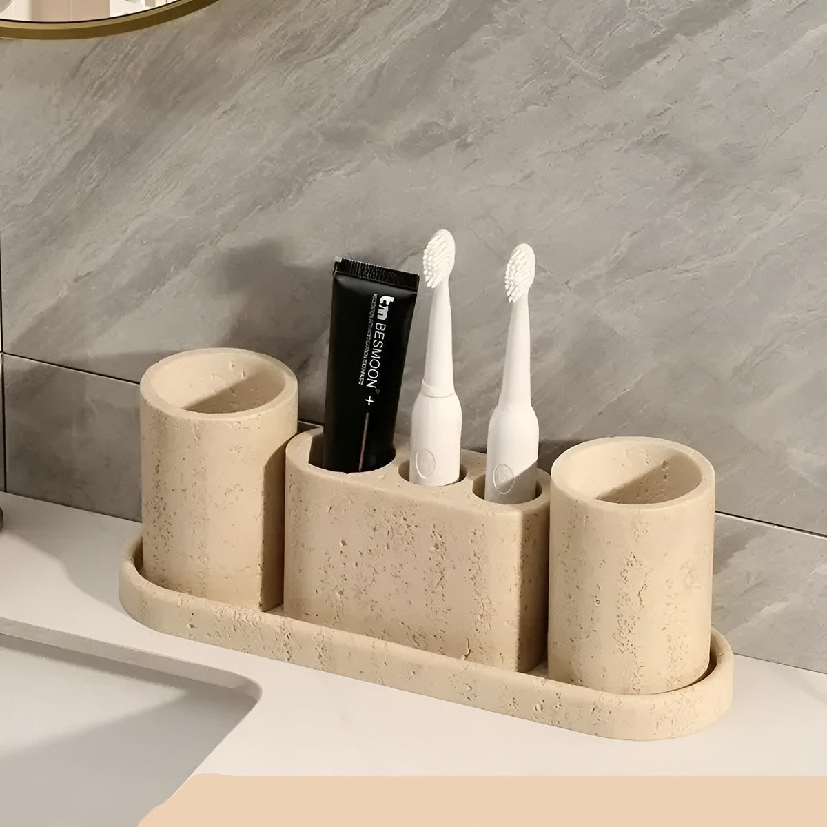 Natural Stone Toothbrush Holder with Soap Dispenser and Tray - Travertine Bathroom Accessory