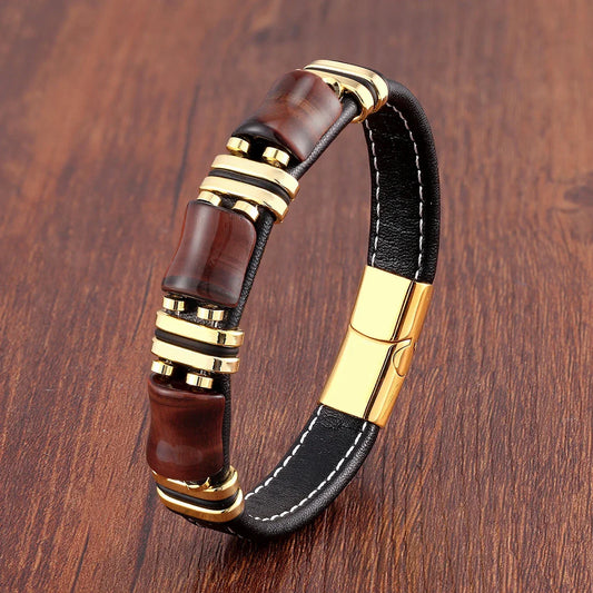 Natural Tiger's Eye Stone Leather Bracelet