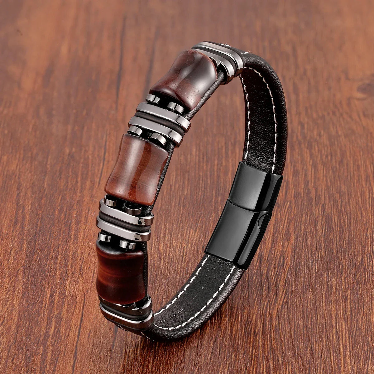 Natural Tiger's Eye Stone Leather Bracelet