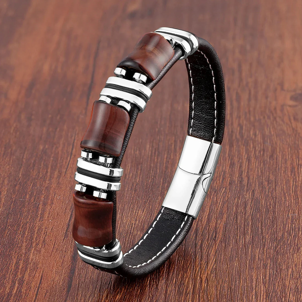 Natural Tiger's Eye Stone Leather Bracelet