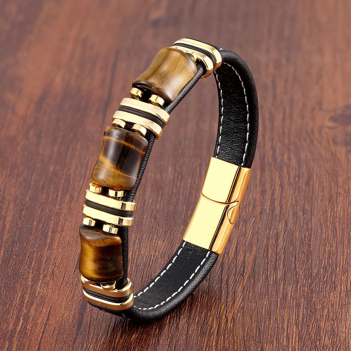 Natural Tiger's Eye Stone Leather Bracelet