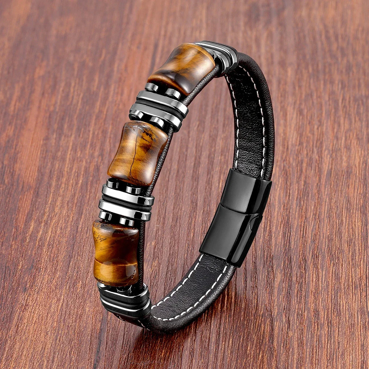 Natural Tiger's Eye Stone Leather Bracelet