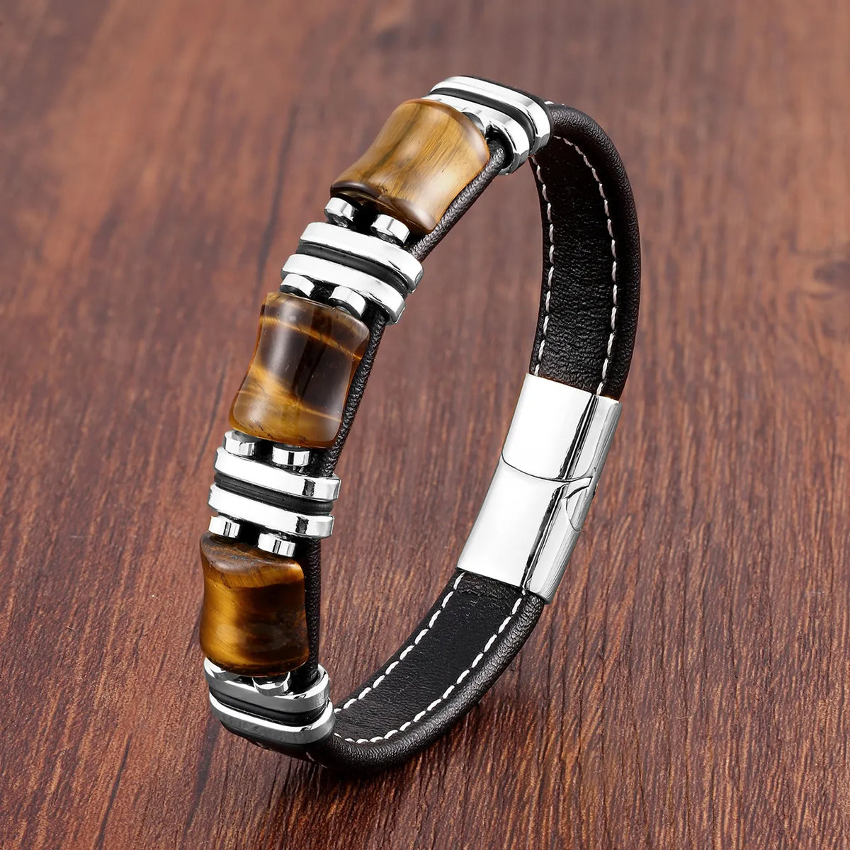Natural Tiger's Eye Stone Leather Bracelet