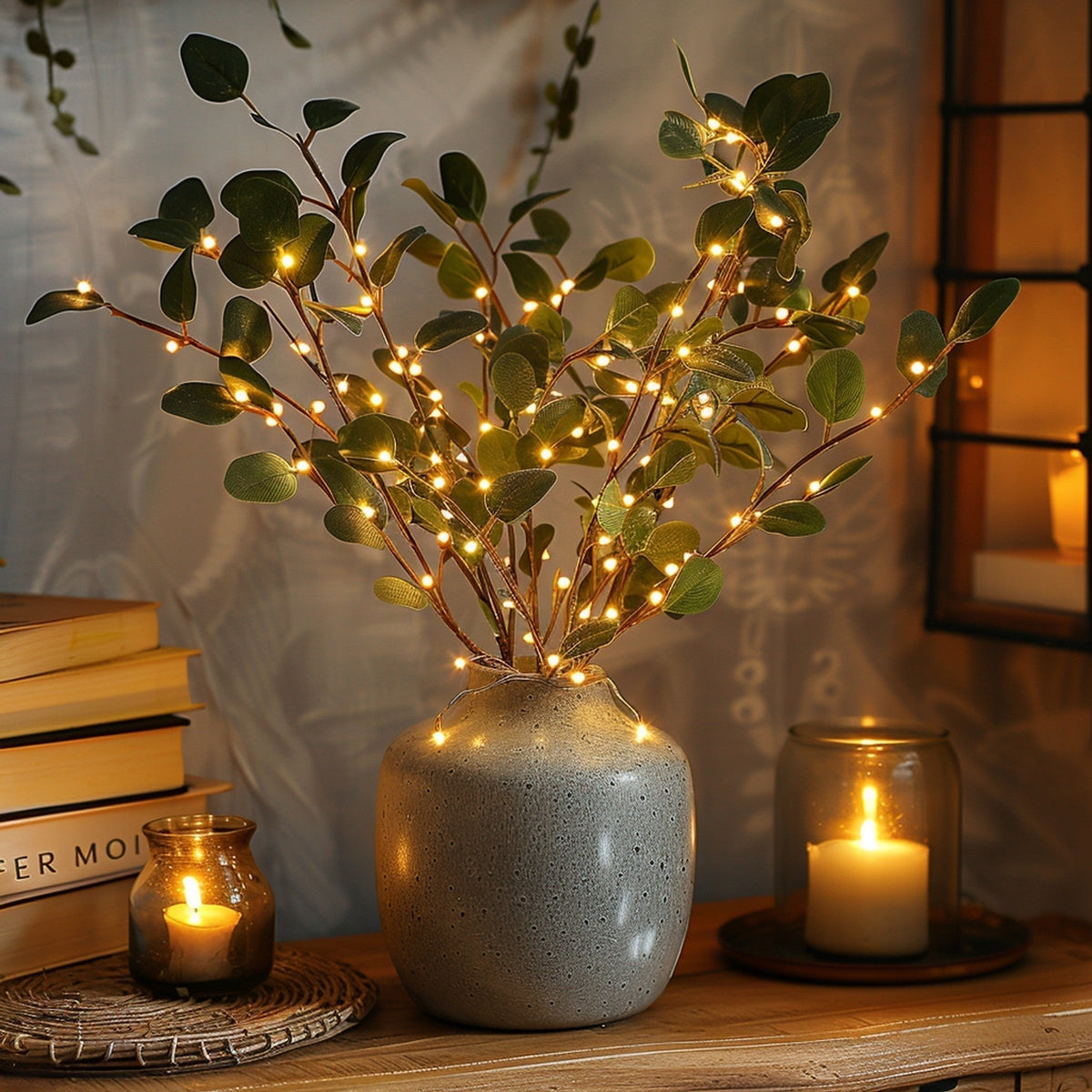 Olive Branch with Fairy Lights Glowing
