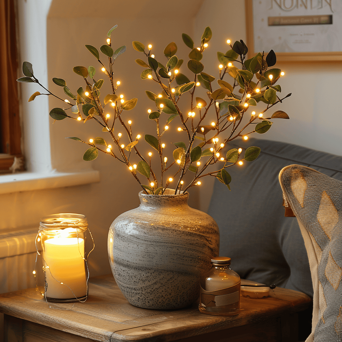 Olive Branch with Fairy Lights Glowing