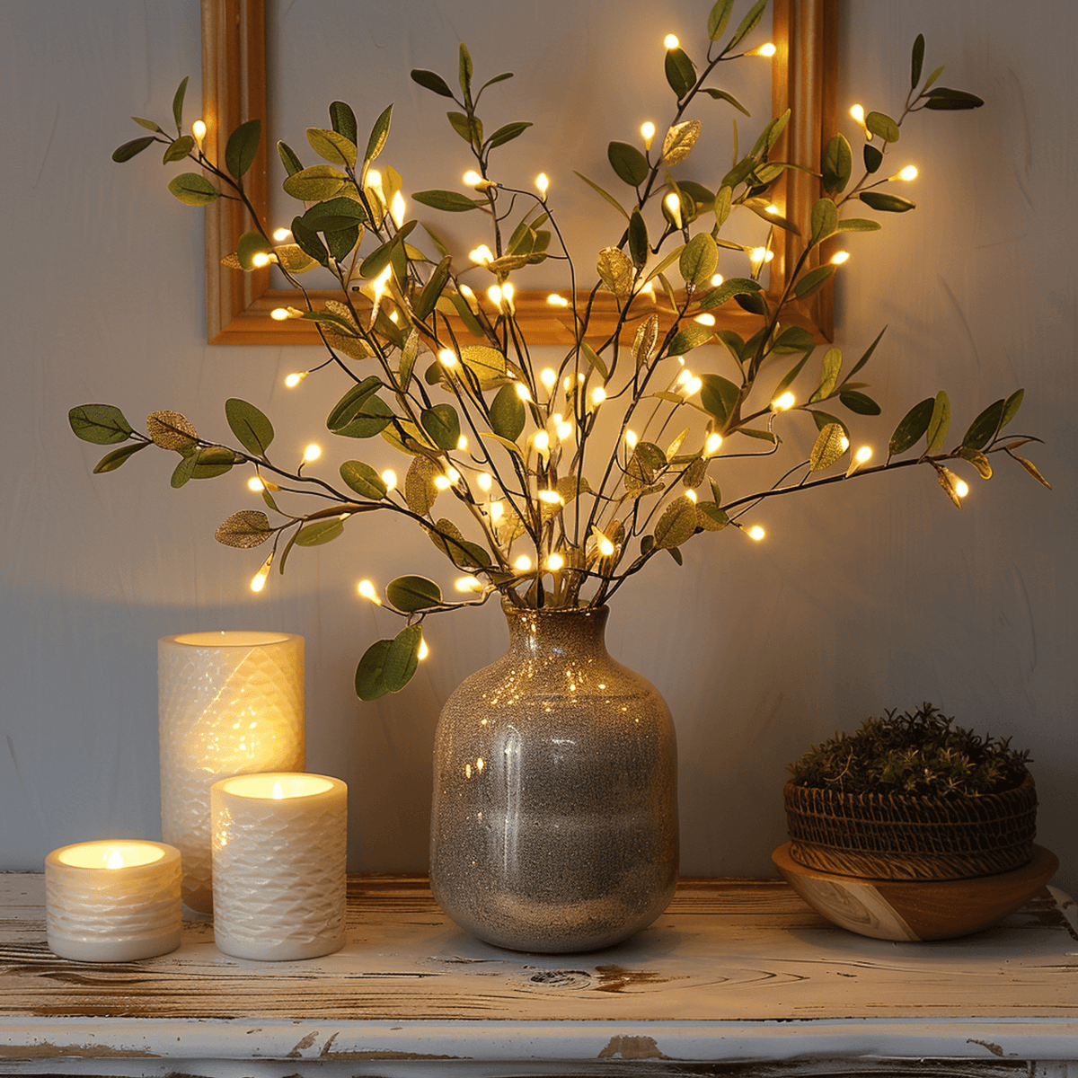 Olive Branch with Fairy Lights Glowing