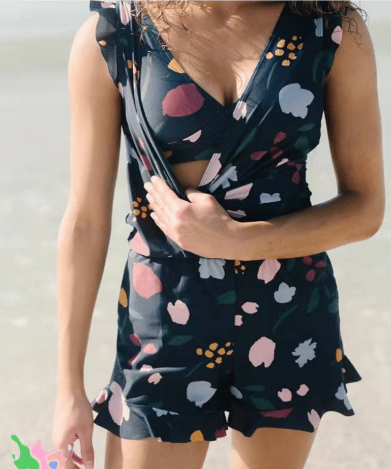 One-Piece Swim Romper with Wrap Front and Ruffles