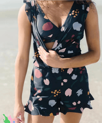 One-Piece Swim Romper with Wrap Front and Ruffles