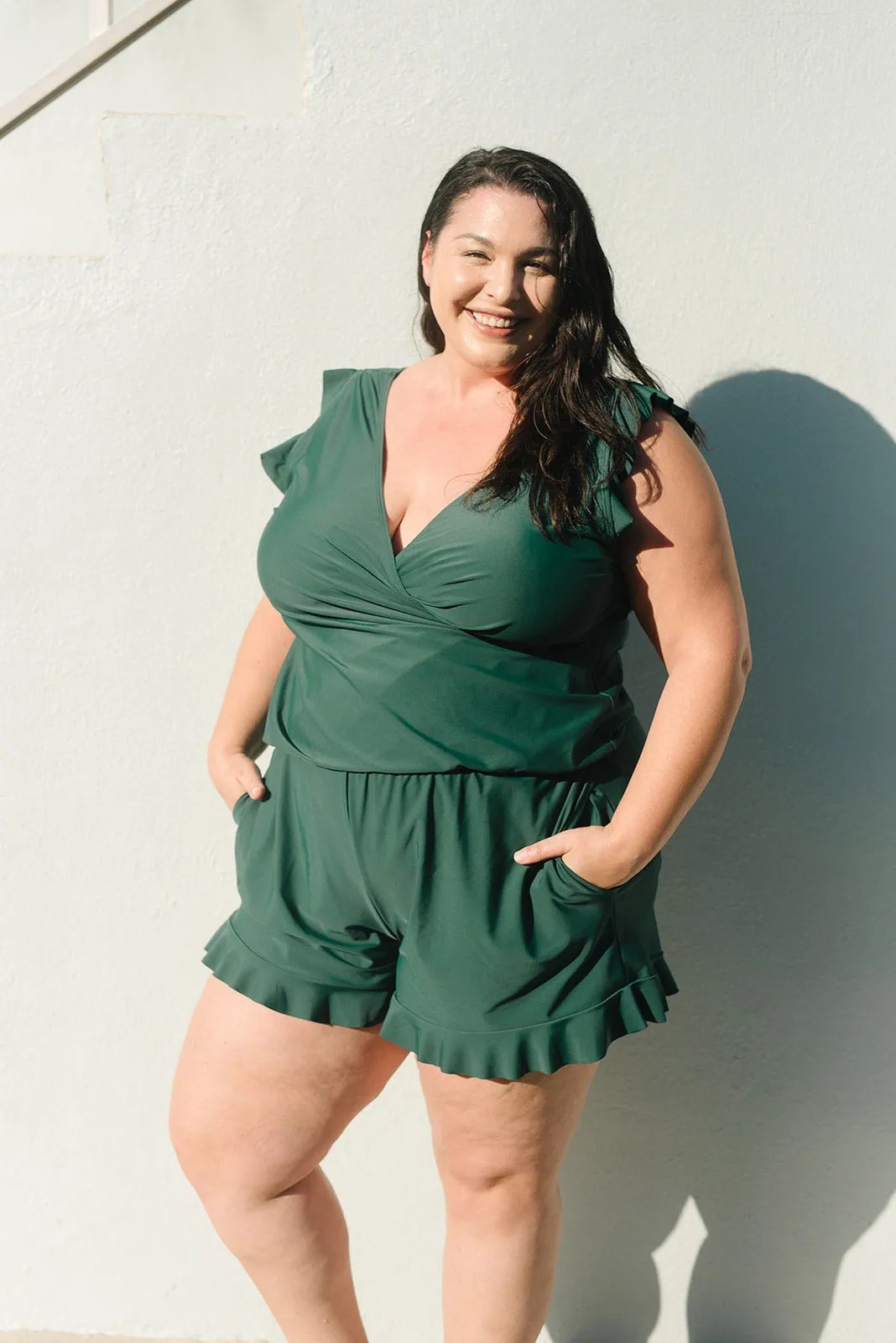 One-Piece Swim Romper with Wrap Front and Ruffles