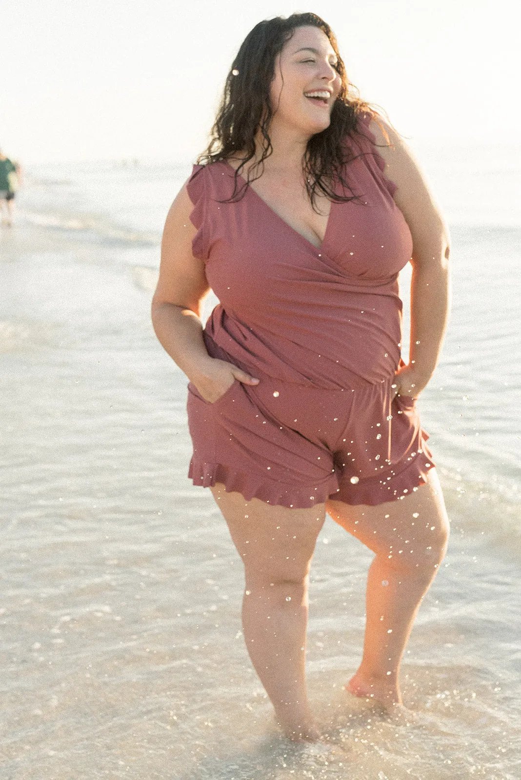 One-Piece Swim Romper with Wrap Front and Ruffles