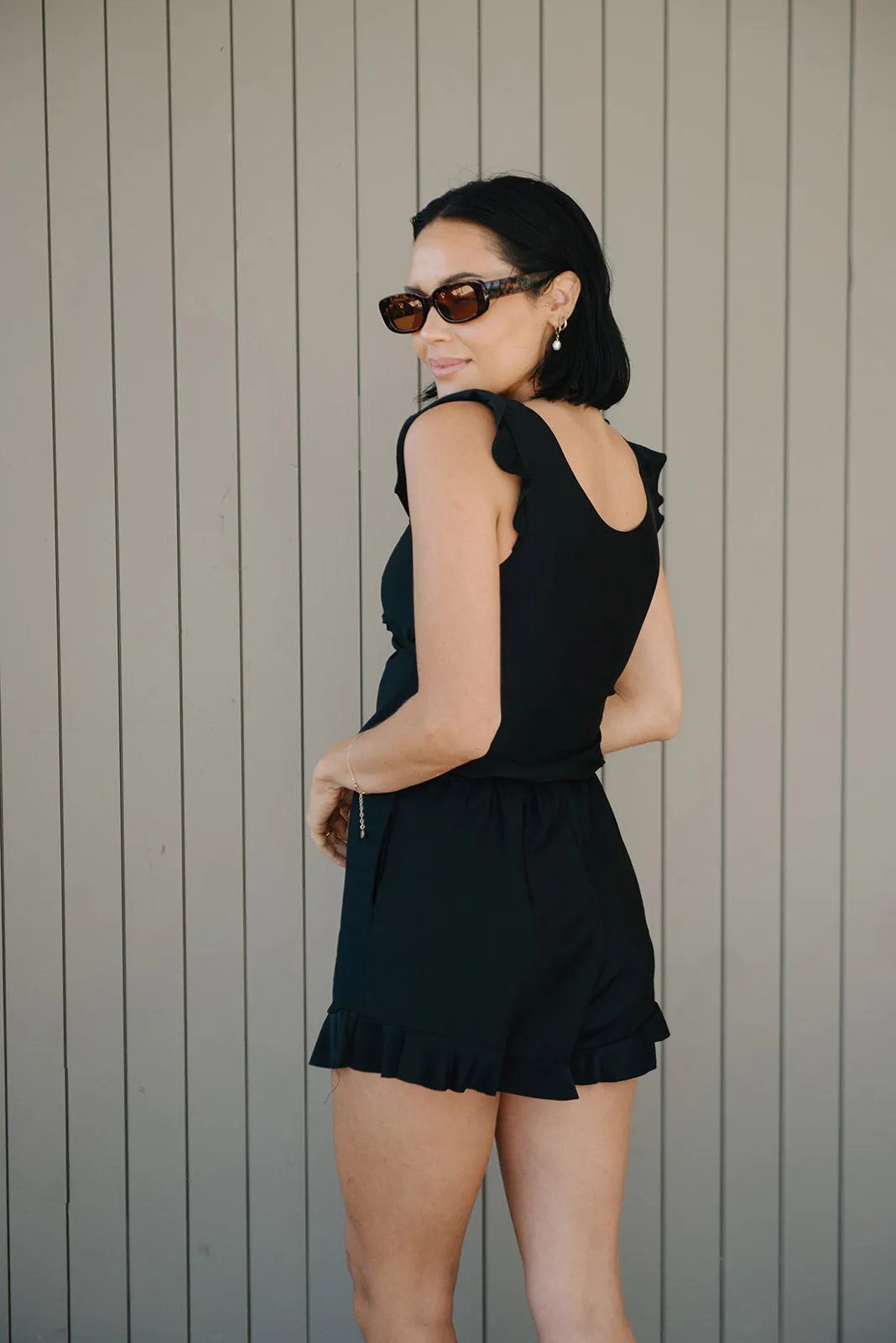 One-Piece Swim Romper with Wrap Front and Ruffles