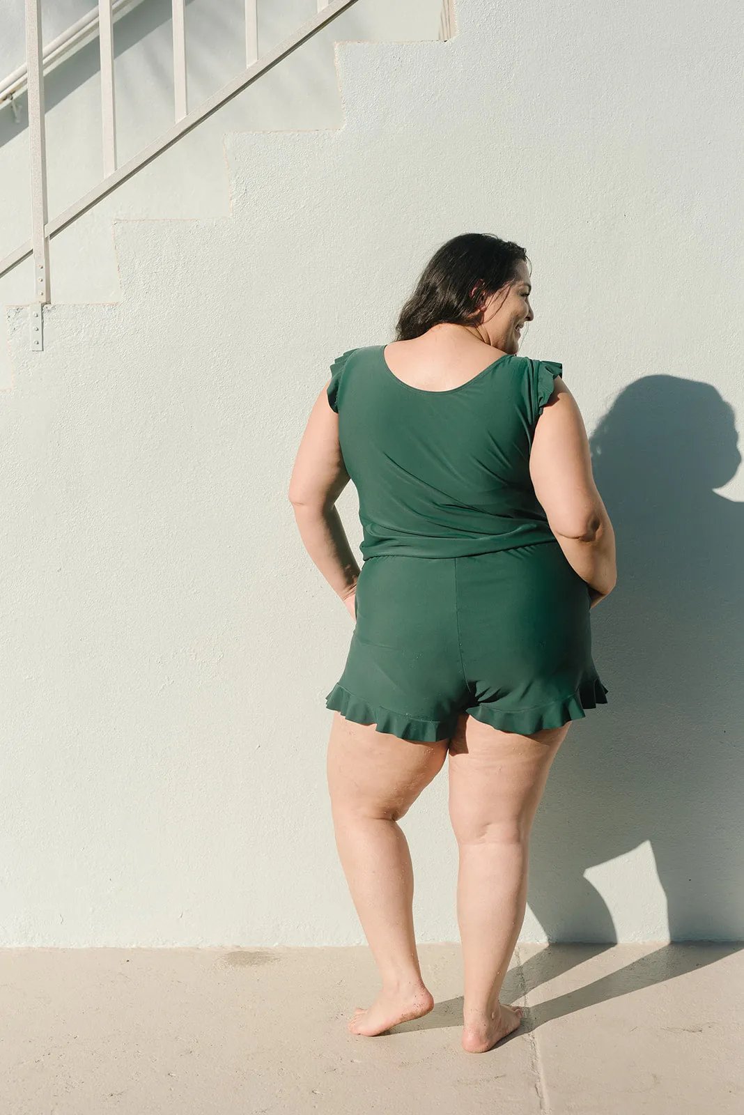 One-Piece Swim Romper with Wrap Front and Ruffles