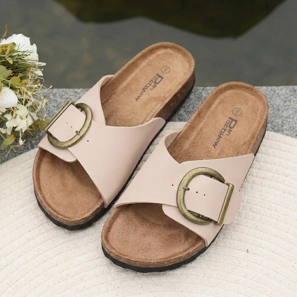 Open-Toe Slides with Decorative Buckle