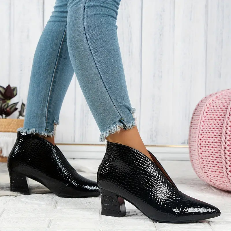Patent Pointed-Toe Heeled Ankle Boots