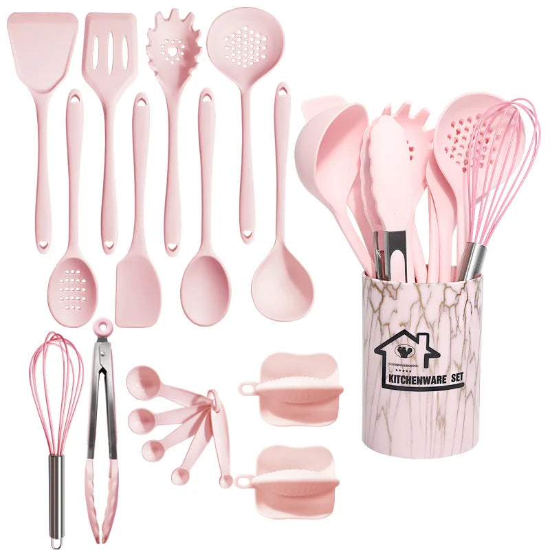 Pink Silicone Kitchen Utensil Set | 18 Pieces | Food-Grade & Heat-Resistant | Spoon, Spatula, Tablespoon & More
