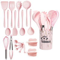 Pink Silicone Kitchen Utensil Set | 18 Pieces | Food-Grade & Heat-Resistant | Spoon, Spatula, Tablespoon & More