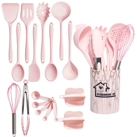 Pink Silicone Kitchen Utensil Set | 18 Pieces | Food-Grade & Heat-Resistant | Spoon, Spatula, Tablespoon & More