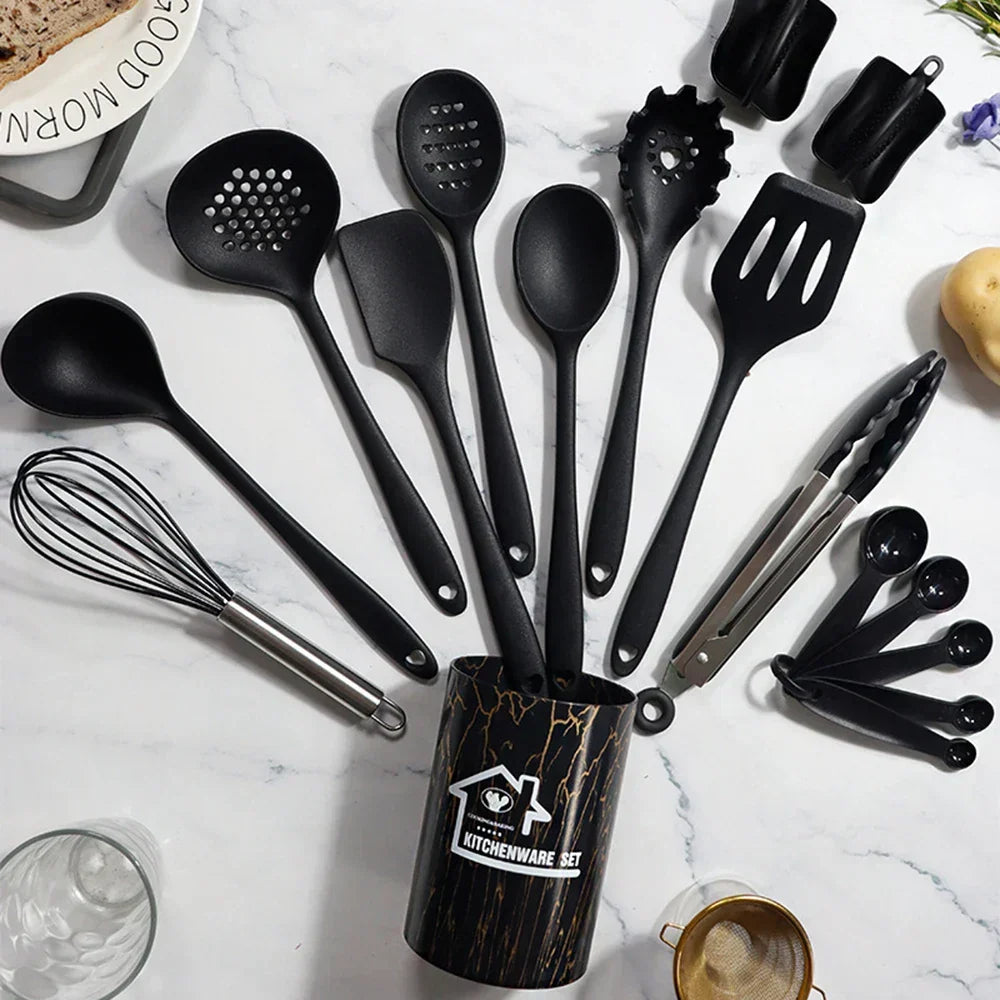 Pink Silicone Kitchen Utensil Set | 18 Pieces | Food-Grade & Heat-Resistant | Spoon, Spatula, Tablespoon & More