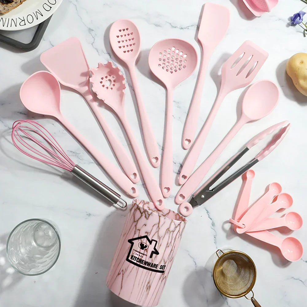 Pink Silicone Kitchen Utensil Set | 18 Pieces | Food-Grade & Heat-Resistant | Spoon, Spatula, Tablespoon & More