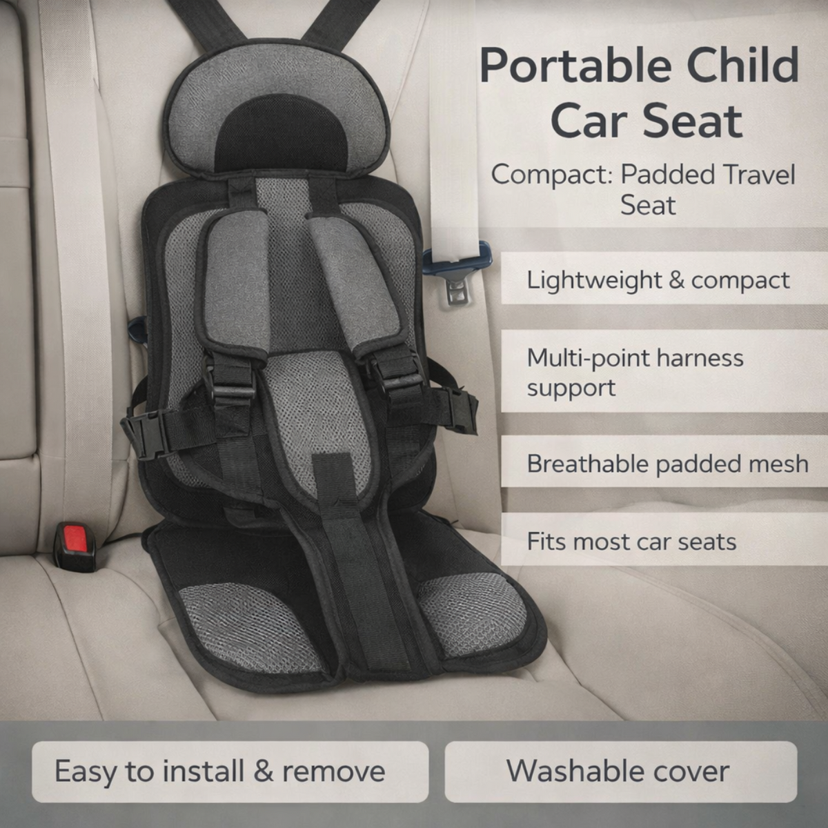 Portable Padded Travel Car Seat with 5-Point Safety Harness