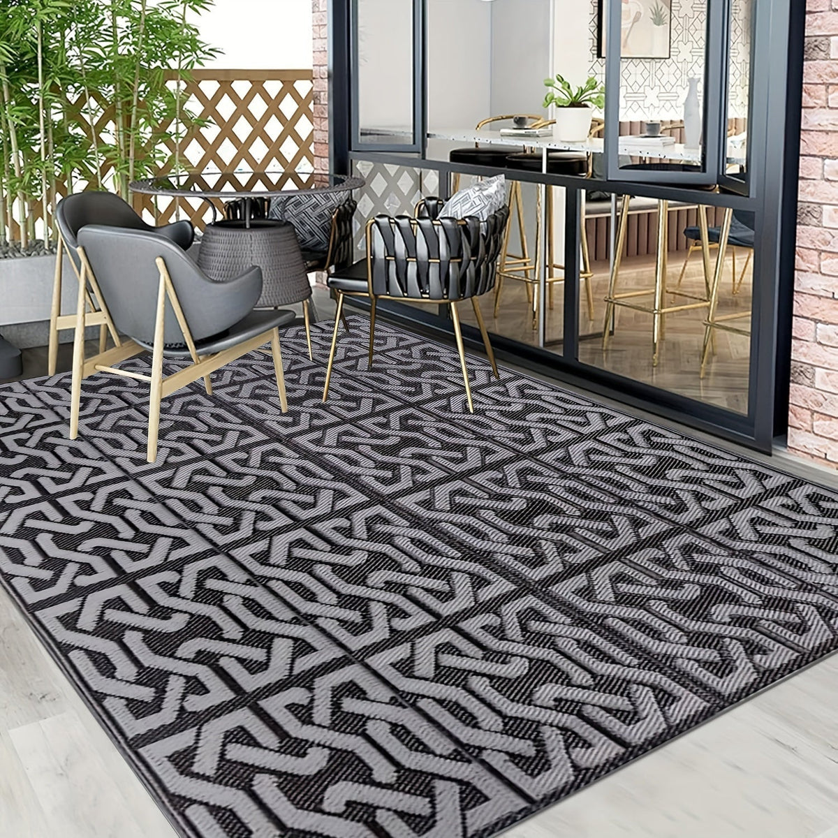 Reversible Outdoor Rug | Modern Patio Mat in Black and Grey