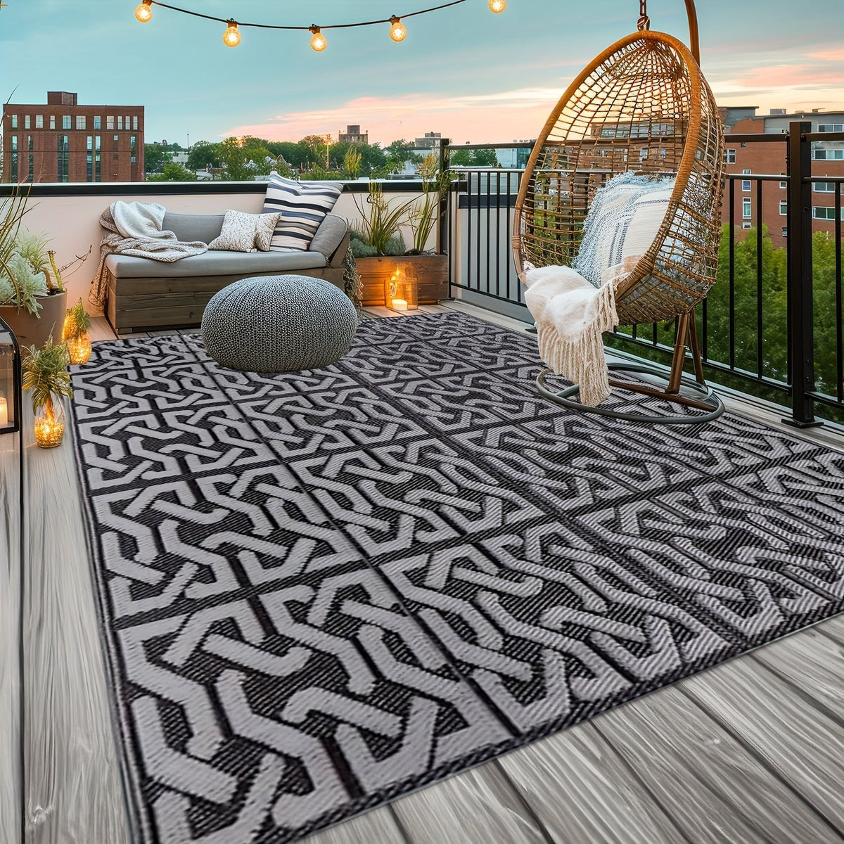 Reversible Outdoor Rug | Modern Patio Mat in Black and Grey