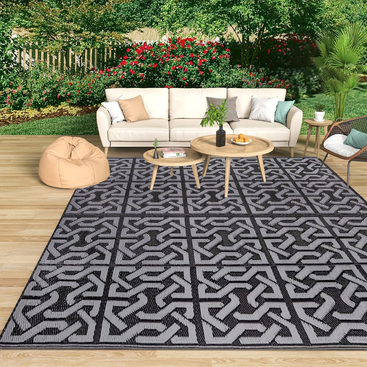 Reversible Outdoor Rug | Modern Patio Mat in Black and Grey