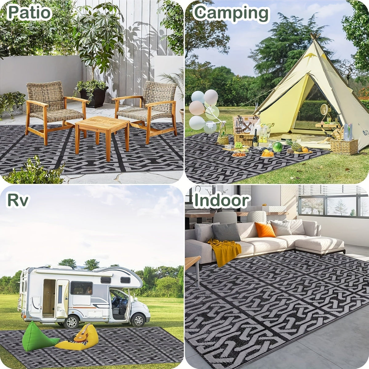 Reversible Outdoor Rug | Modern Patio Mat in Black and Grey