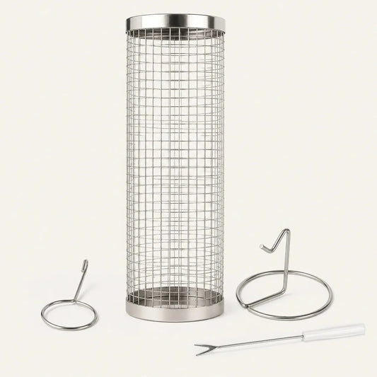 Rolling Stainless Steel Mesh Grill Basket with Hook