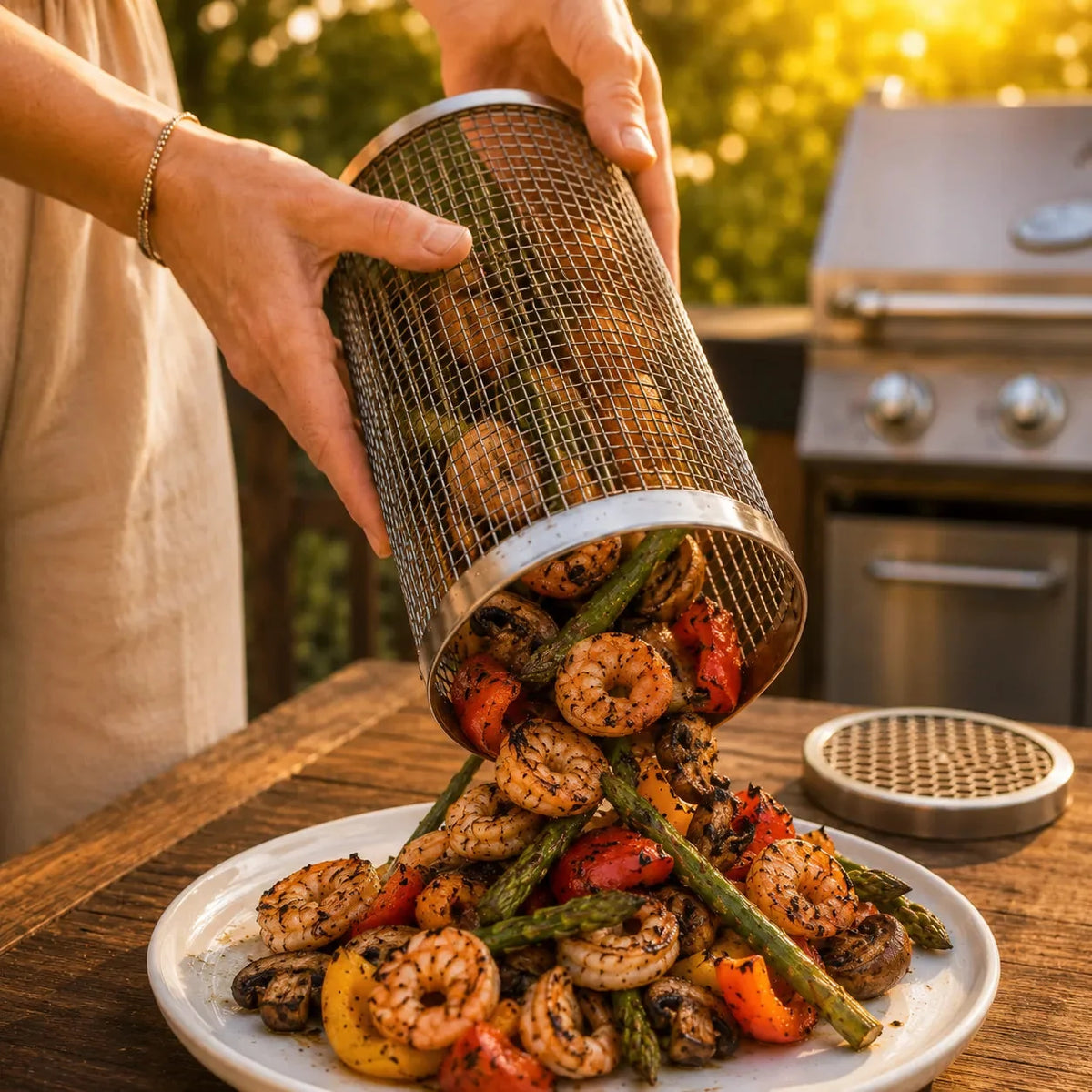 Rolling Stainless Steel Mesh Grill Basket with Hook