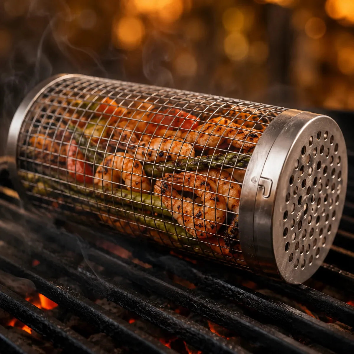 Rolling Stainless Steel Mesh Grill Basket with Hook