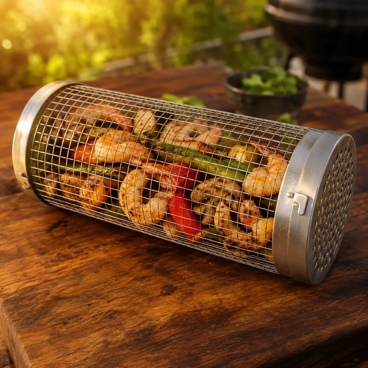 Rolling Stainless Steel Mesh Grill Basket with Hook
