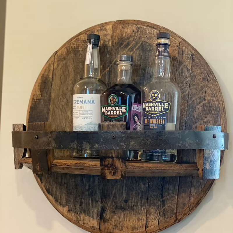 Round Rustic Solid Wood Whiskey Barrel Wall Shelf