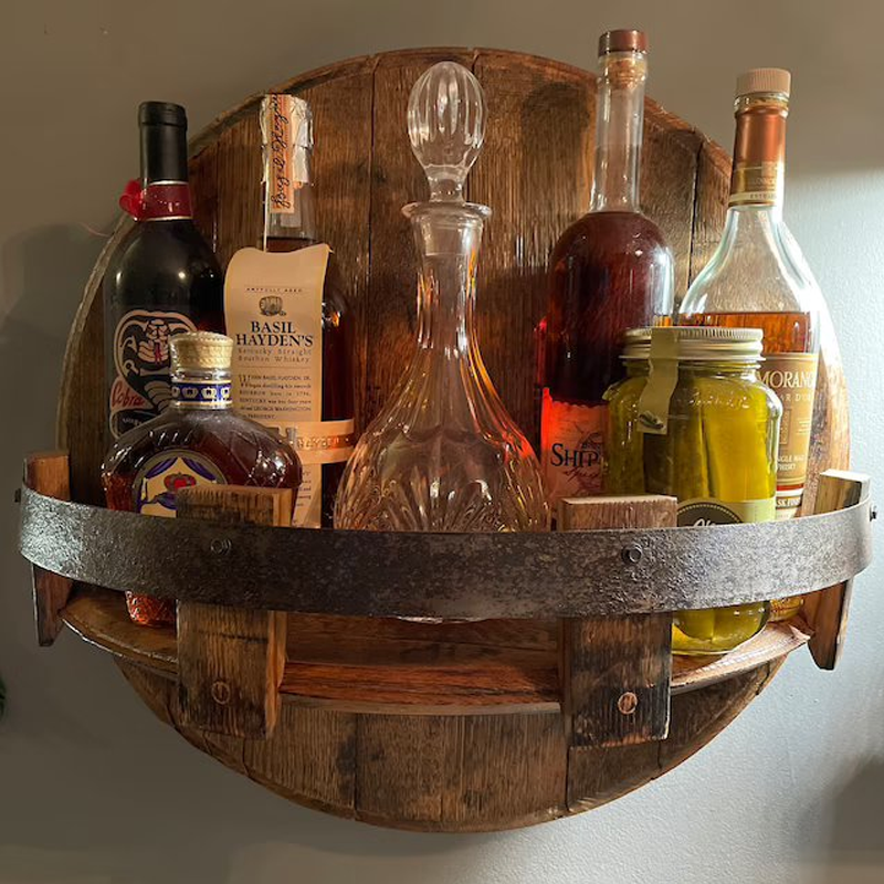 Round Rustic Solid Wood Whiskey Barrel Wall Shelf