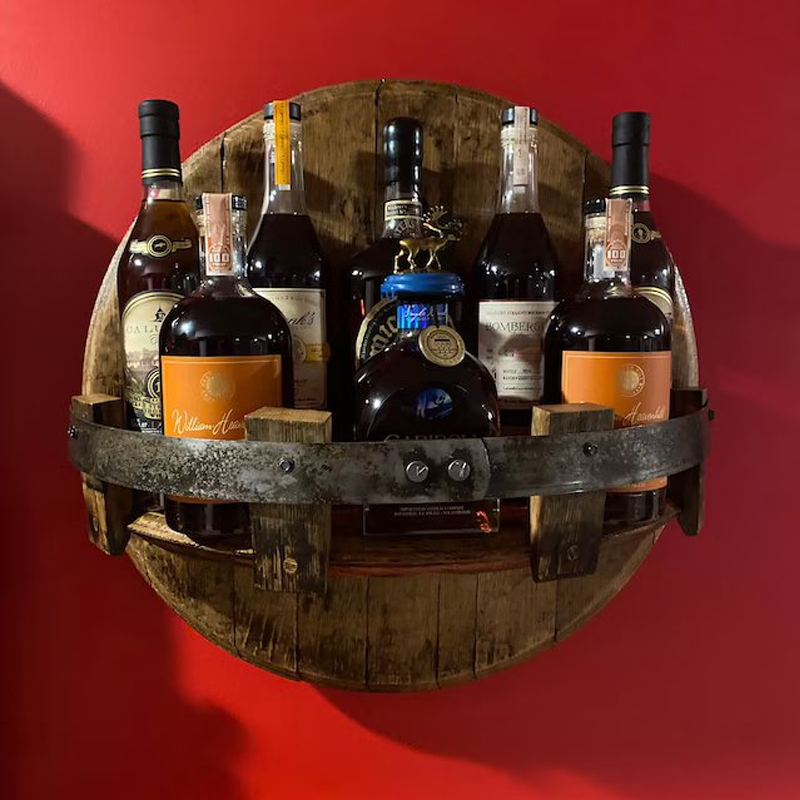 Round Rustic Solid Wood Whiskey Barrel Wall Shelf