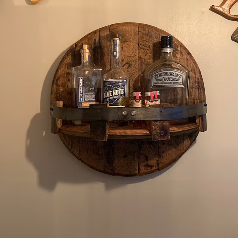 Round Rustic Solid Wood Whiskey Barrel Wall Shelf