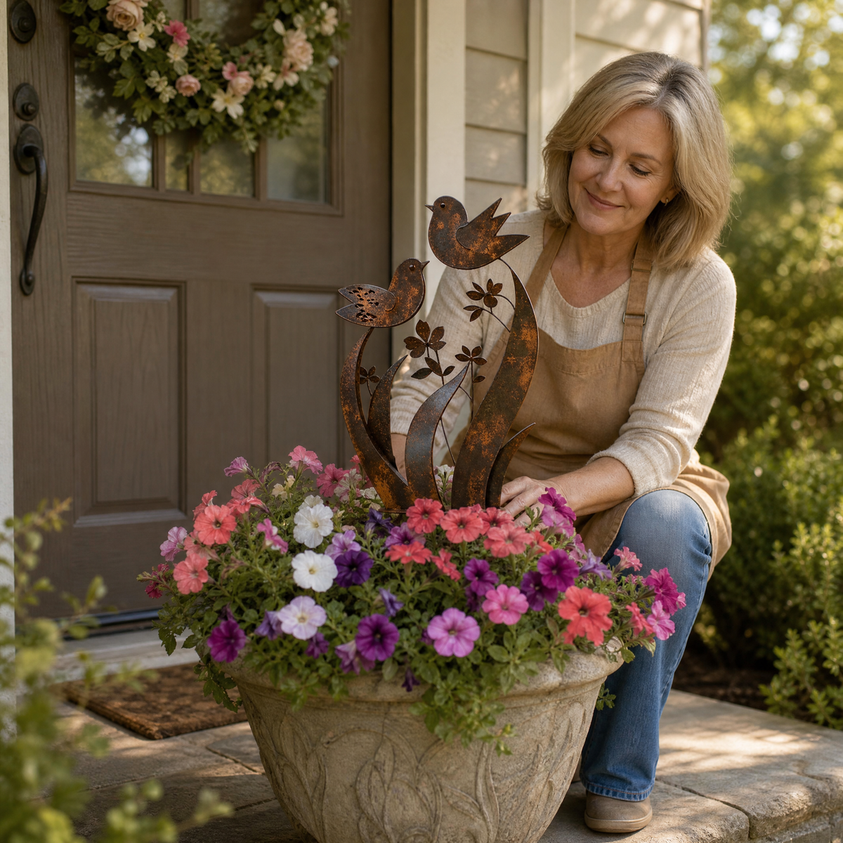 Rustic Bird and Wildflower Garden Stake