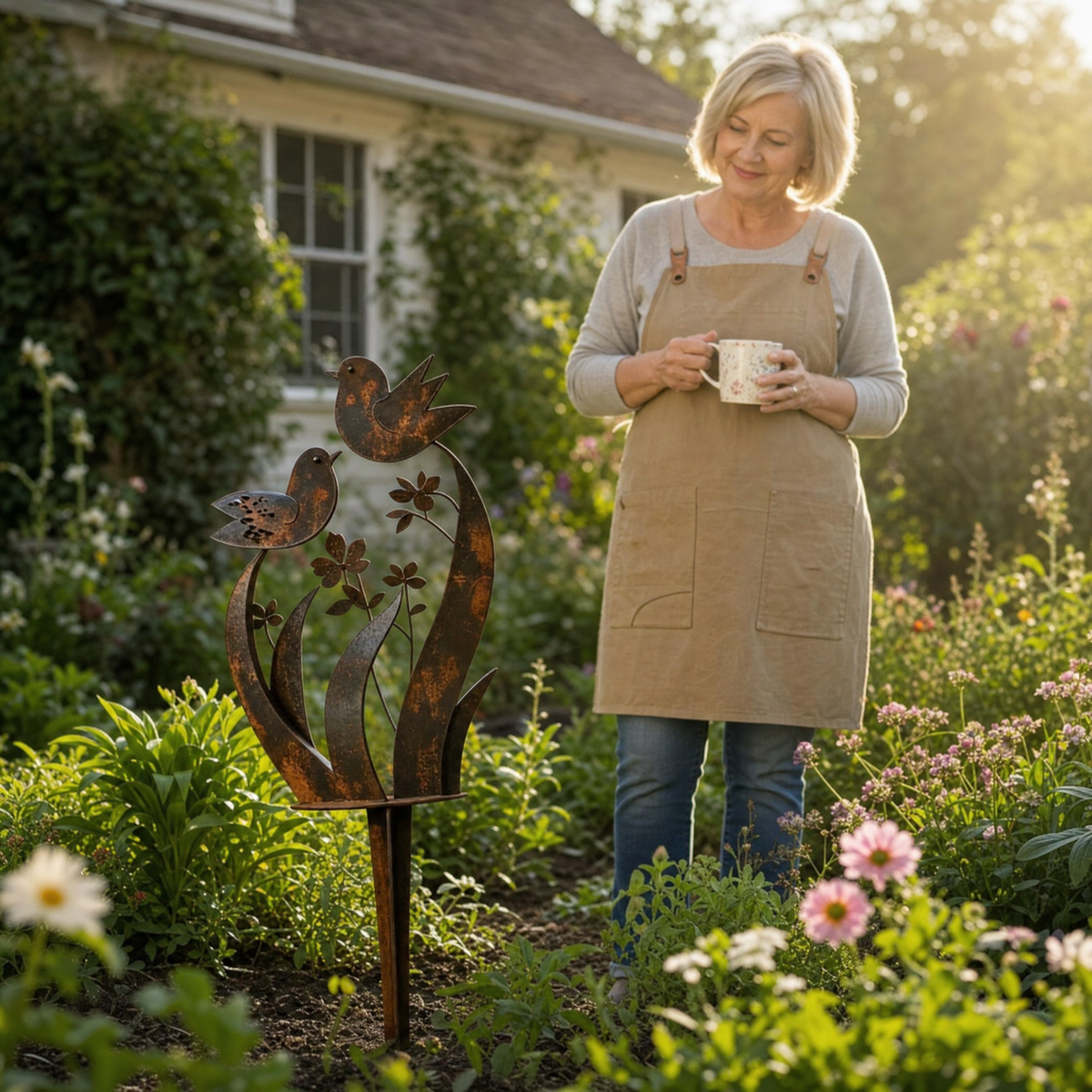 Rustic Bird and Wildflower Garden Stake
