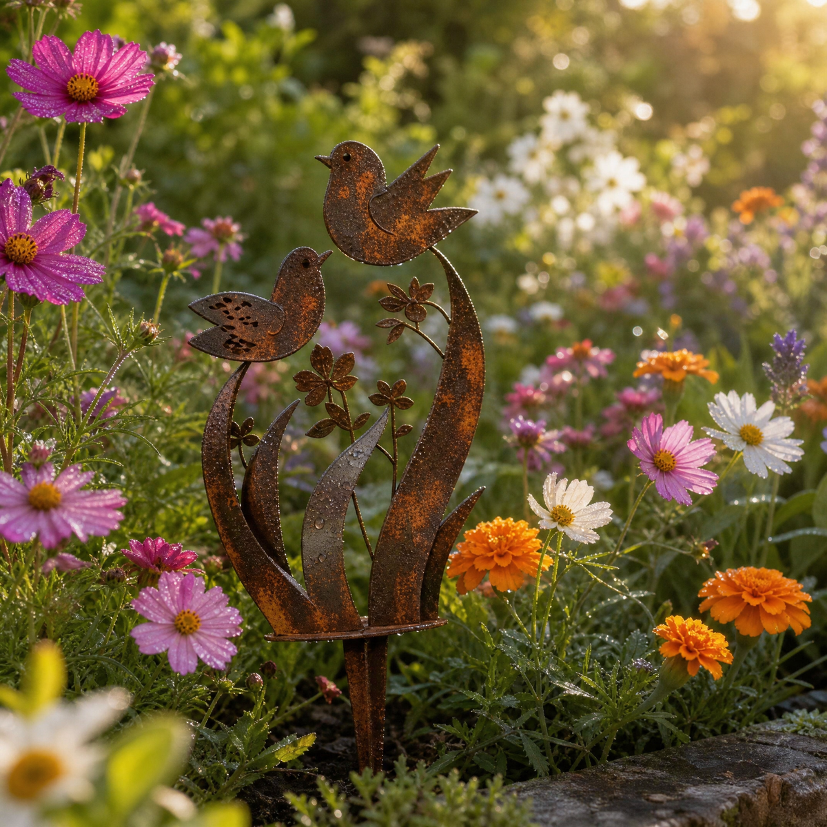 Rustic Bird and Wildflower Garden Stake