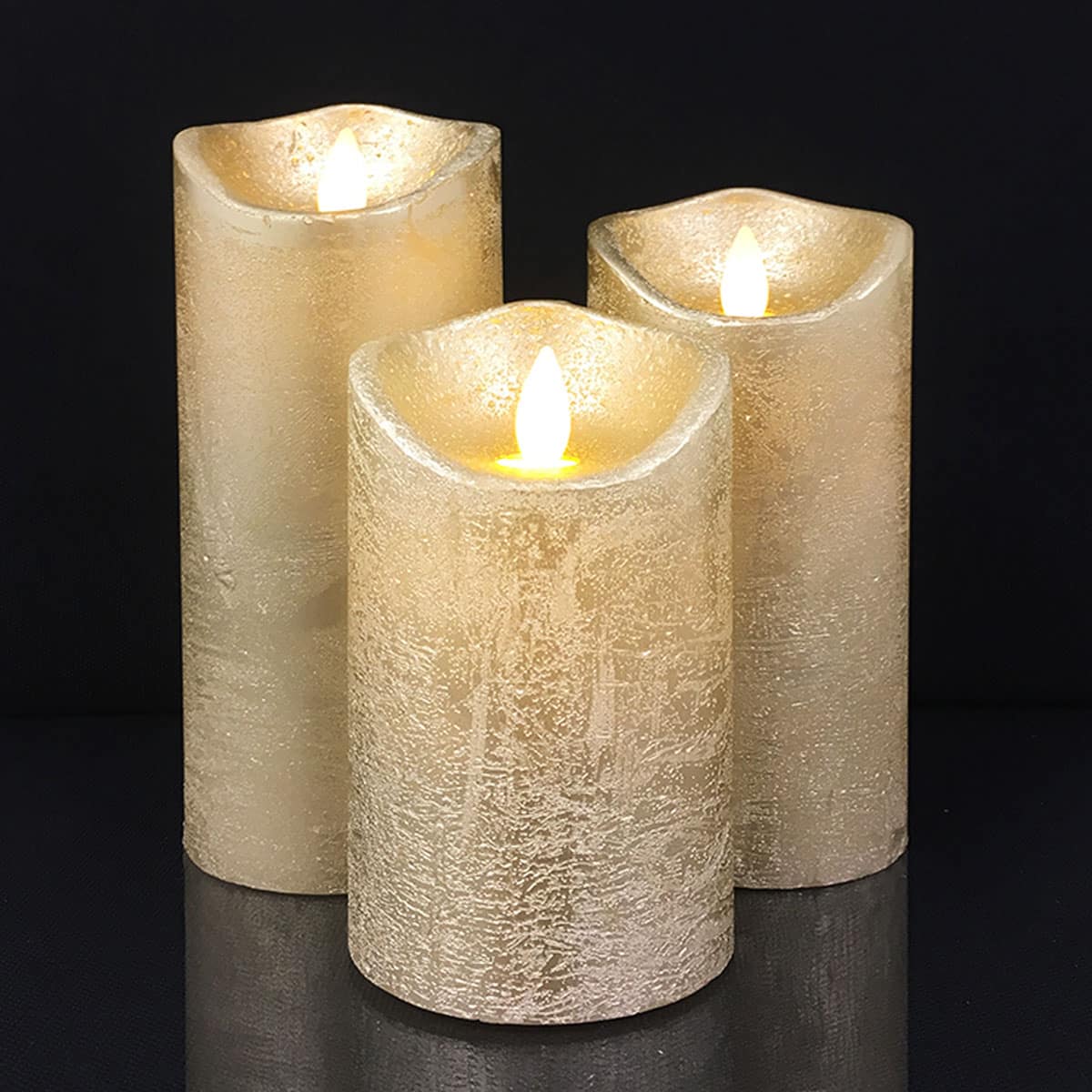 Rustic LED Pillar Candles Set of 3 with 3D Flame - 10/12.5/15 cm - Multiple Colors