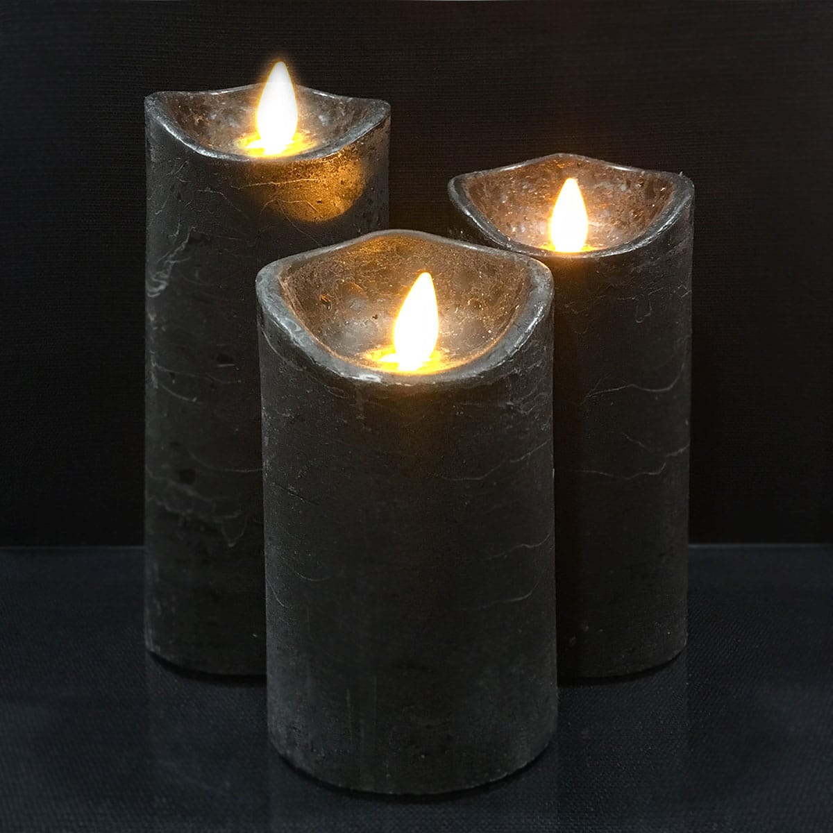 Rustic LED Pillar Candles Set of 3 with 3D Flame - 10/12.5/15 cm - Multiple Colors