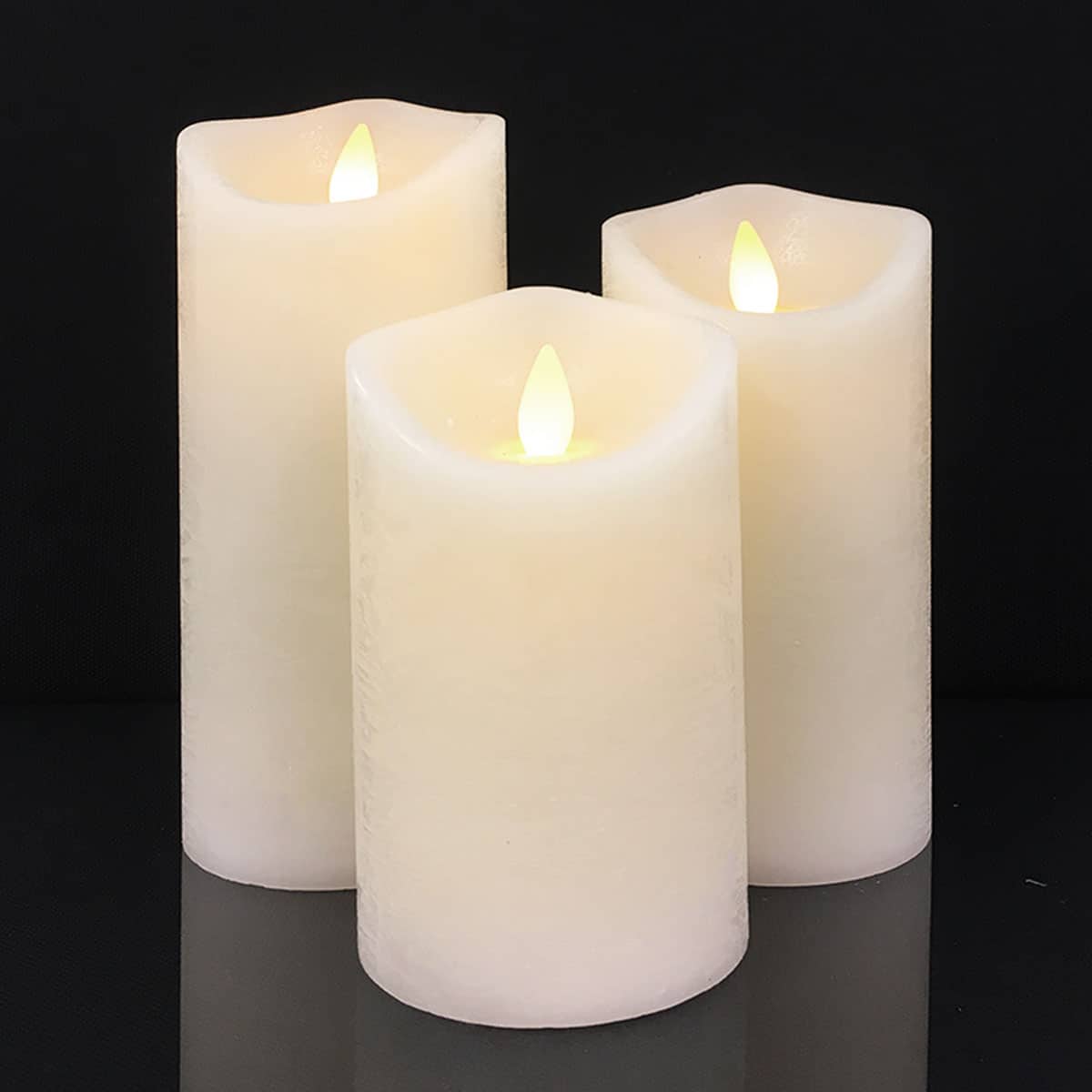 Rustic LED Pillar Candles Set of 3 with 3D Flame - 10/12.5/15 cm - Multiple Colors