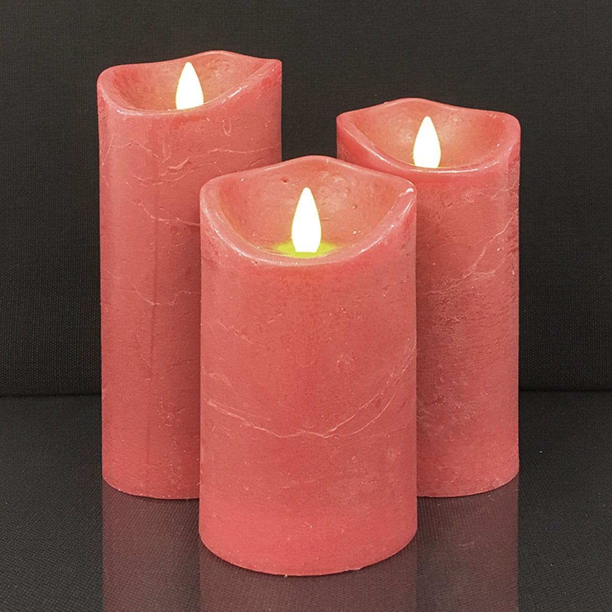 Rustic LED Pillar Candles Set of 3 with 3D Flame - 10/12.5/15 cm - Multiple Colors
