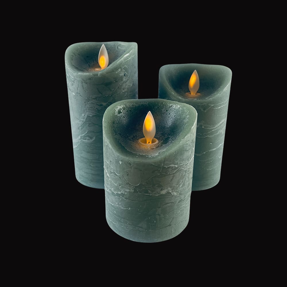Rustic LED Pillar Candles Set of 3 with 3D Flame - 10/12.5/15 cm - Multiple Colors